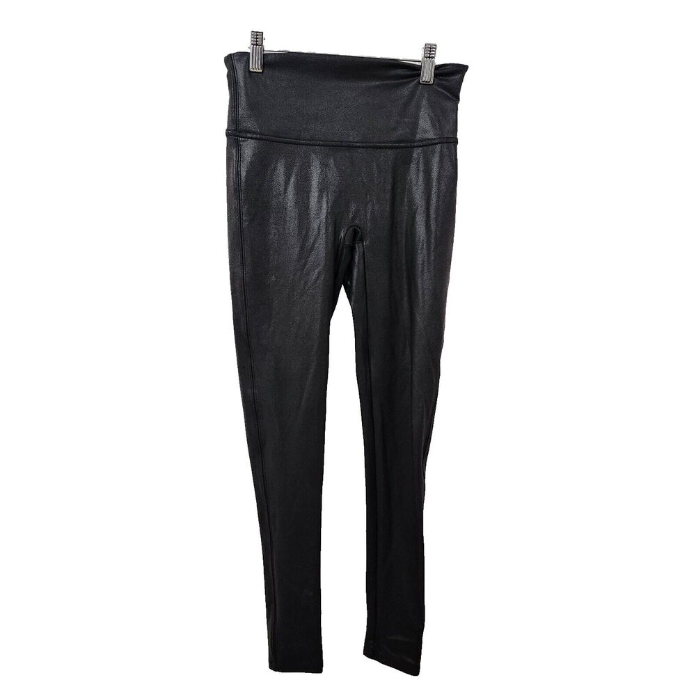 SPANX Black Faux Leather Coated Legging Medium Petite MP Sleek Smoothing Contour